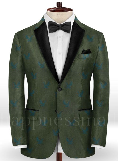 Osiris Bespoke Printed Dark Green Suits for Men | New Prom Men Suits with Black Lapel