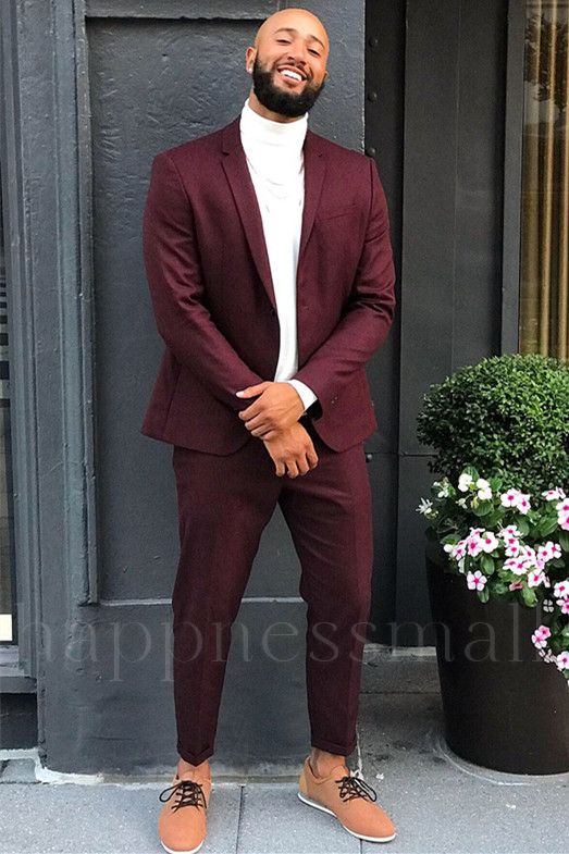 New Arrival Burgundy Two Pieces Solid Colo Prom Suits for Men | Happnessmall