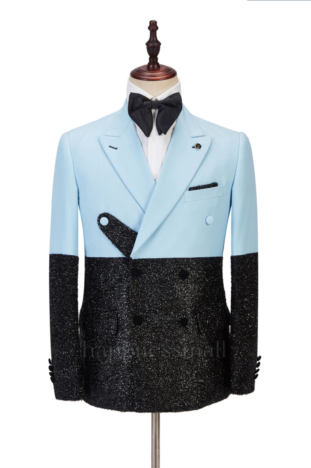 Elegant Shape  Sky Blue Stitching Sparkle Black Peak Lapel 2 Piece Men's Suit