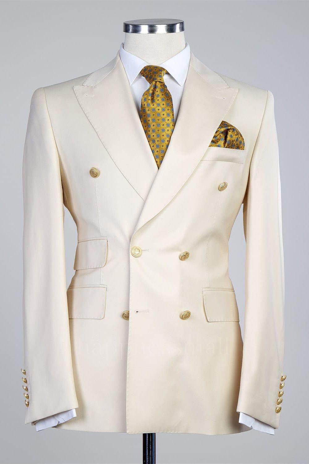 Unique Creamy White Double Breasted Stylish Peaked Lapel Slim Fit Men Suits