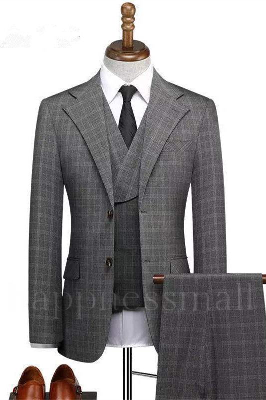 Classical Notched Lapel Plaid Three Pieces Formal Business Men Suits
