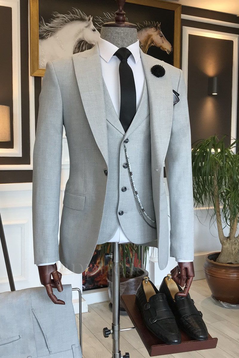 Ava Classic Light Gray 3-Pieces Double Breasted One Button Business Suits For Men