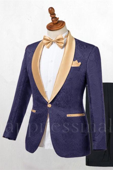 Matthew Dark Blue Jacquard One Button Wedding Suits With Shawl Lapel