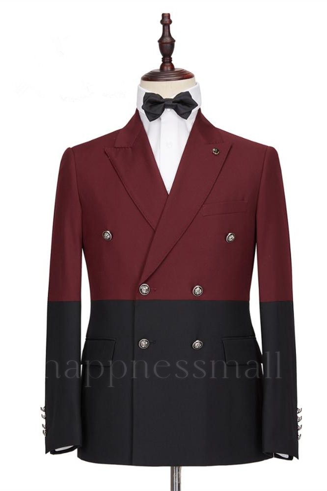Unique Burgundy and Black Double Breasted Peaked Lapel Men Suits for Prom