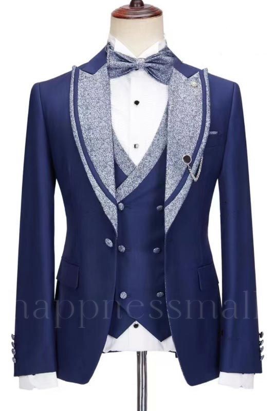 Lennox New Special Design Dark Blue Three Pieces Peaked Lapel Men's Suits