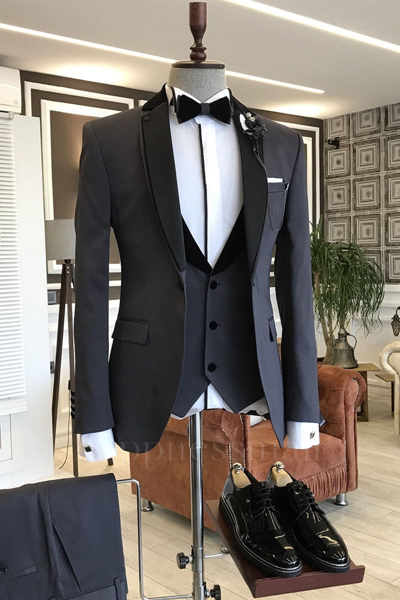 Pelagia Modern Black Notched Lapel Slim Fit 3-pieces Business Men Suits