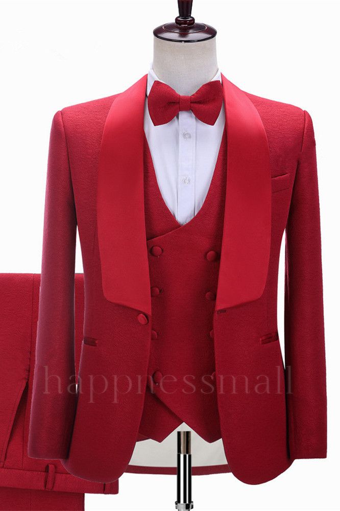 Red Shawl Lapel Slim Fit Three-Piece Wedding Tuxedo For Men | happnessmall