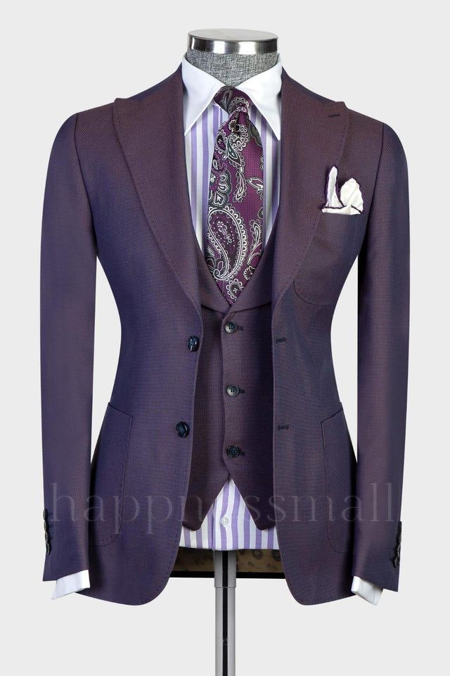 Modern Dark Purple  Peaked Lapel 3-pieces Men Suits For Business | Happnessmall