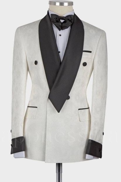 New Arrival White Shawl Lapel Double Breasted Fashion Slim Fit Wedding Groom Suit