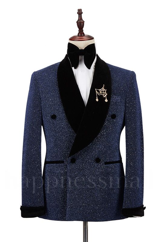 Sparkle Dark Navy Black Shawl Lapel Double Breasted Wedding Suits | Happnessmall