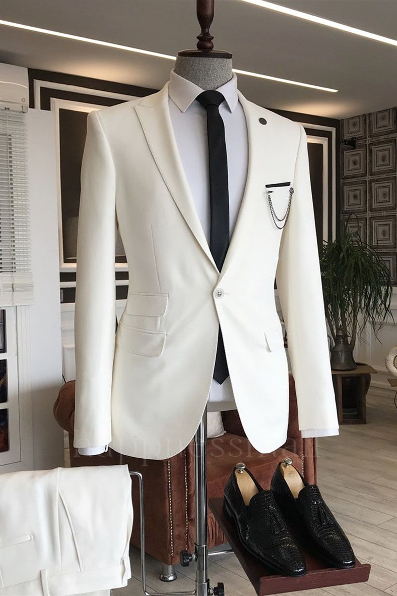 Fashion White Peaked Lapel One Button 3 Flaps Business Men Suits  | happnessmall