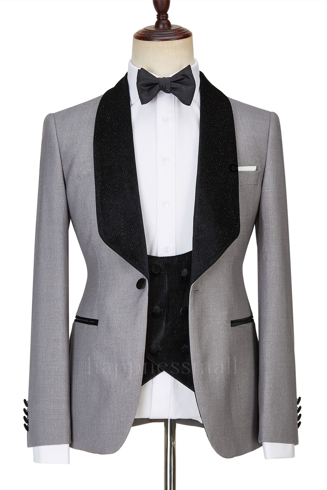 Light Gray  Shiny Shawl Lapel One Button Three Pieces Wedding Men Suits | Happnessmall