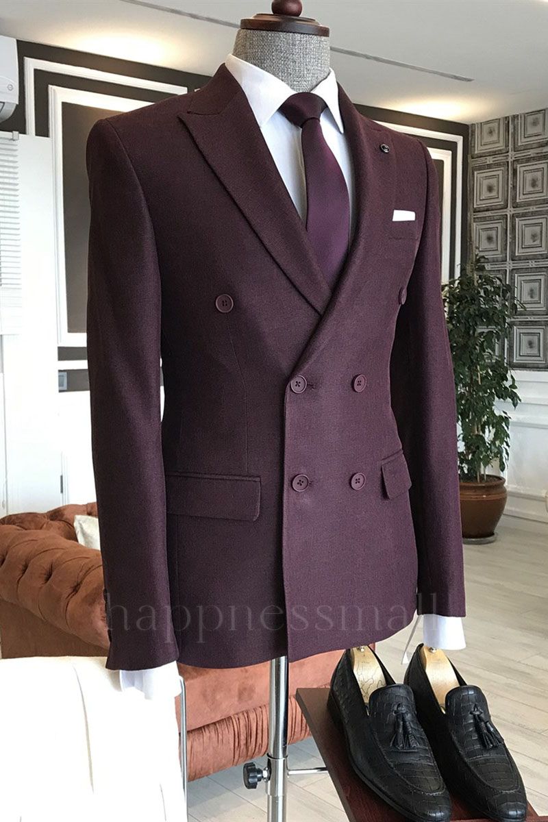 New Arrival Burgundy Double Breasted Bespoke Business Suits For Men