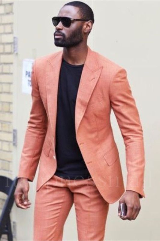 Maddox Simple Peach Close Fitting Peaked Lapel Bespoke Men Suits for Prom