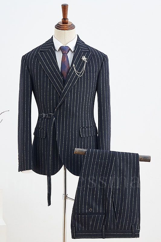 Taurus Popular Black Striped With Adjustable Belt Slim Fit Business Suit