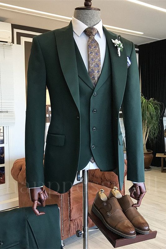 Trendy Dark Green Bespoke Peaked Lapel Three Pieces Men Suits | Happnessmall