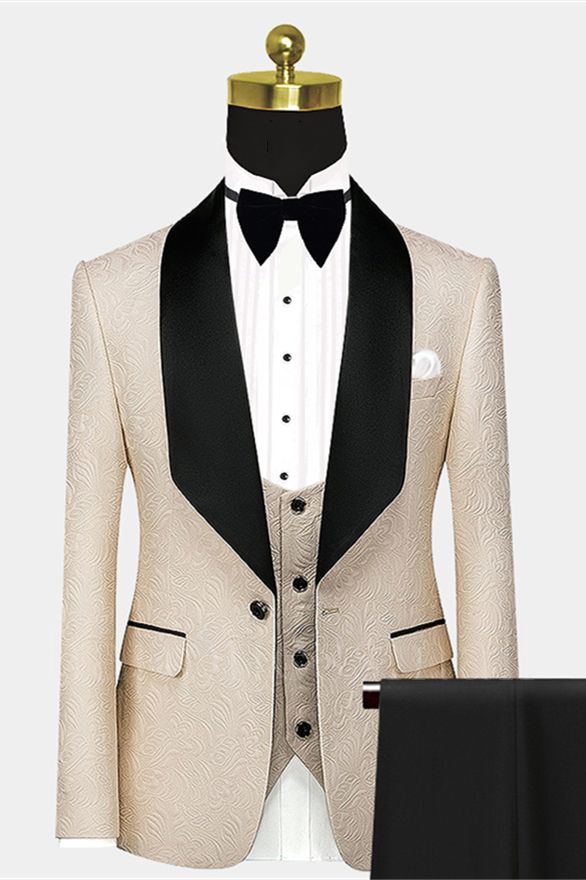 Stylish Light One Button Groom Set | Black satin shawl men's wedding suit