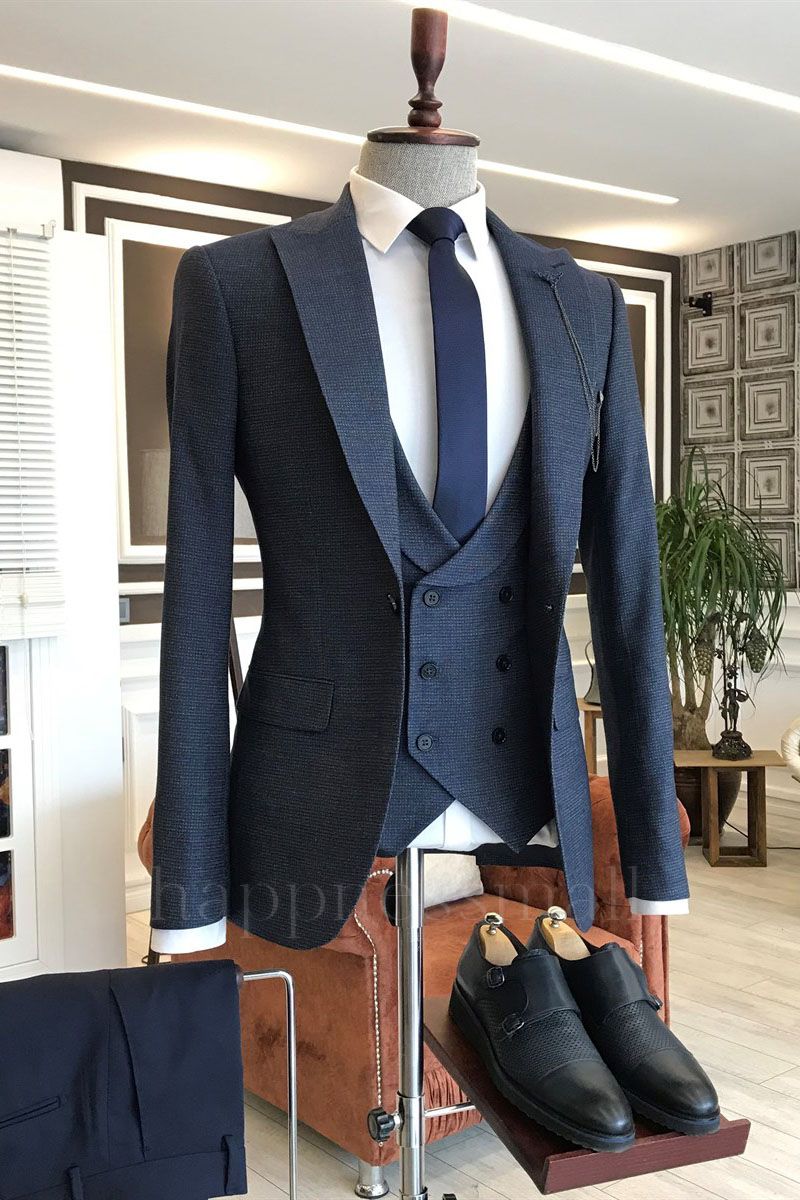 Samuel Popular Navy Blue One Button Small Plaid  Double Breasted Men Suits For Business