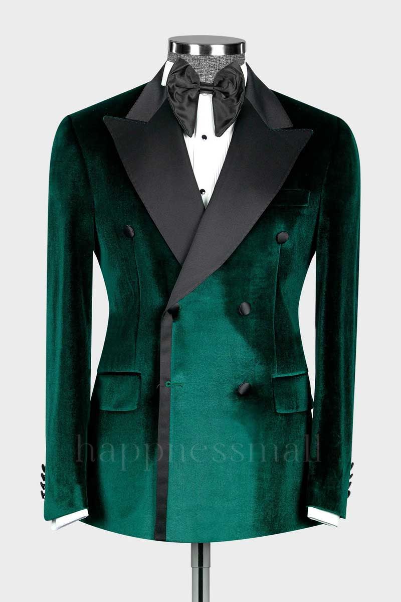 Beckett New Arrival Green Double Breasted Velvet  Prom Suits With Peaked Lapel
