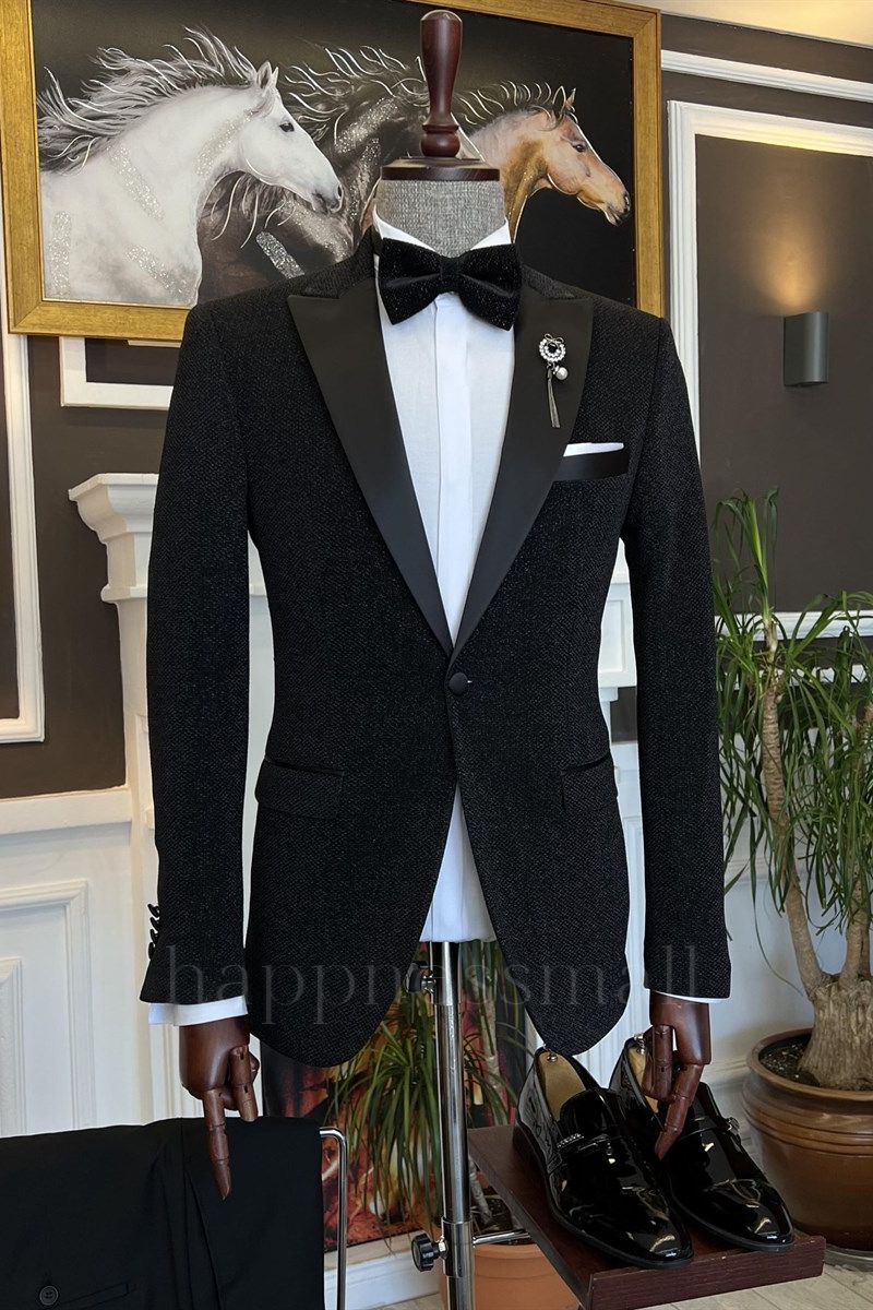 Fashion Black  Peaked Lapel One Button Two Pieces Men Suits | Happnessmall