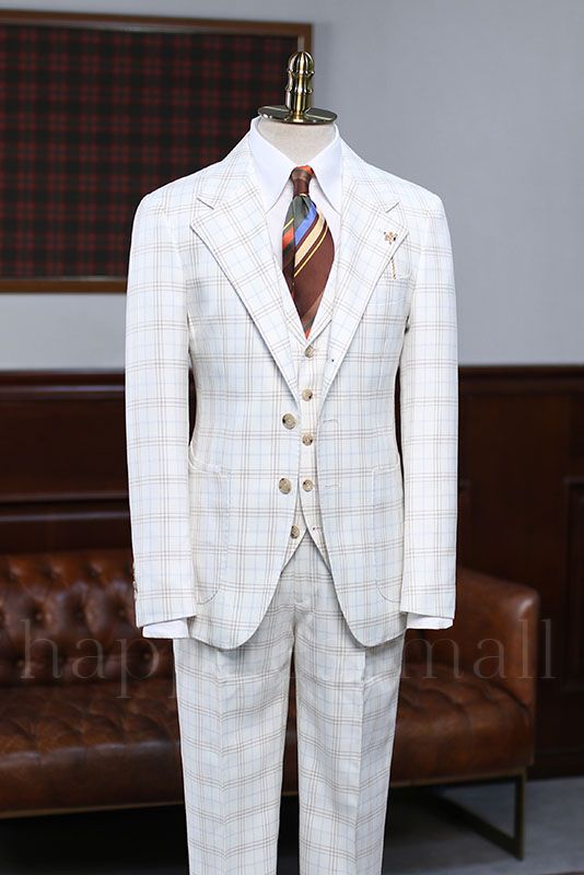 Camille Unique White Plaid 3 Pieces Notched Lapel Slim Fit Suit