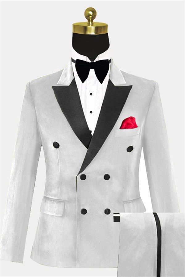 Orion Handsome White Velvet Double Breasted Tuxedo | Classic Four Buttons Slim Fit Suits for Men