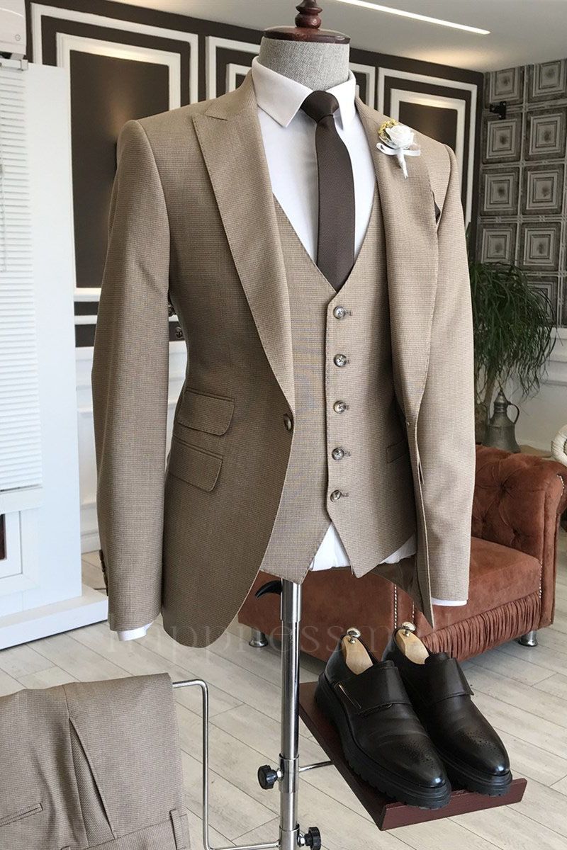 Andrew Light Brown 3-Pieces Peaked Lapel Slim Fit Formal Men Business Suits