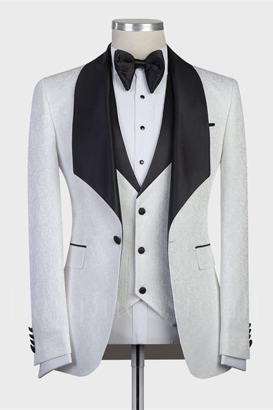 Markos White Jacaquard Three-Pieces Wedding Groom Suits with Black Shawl Lapel