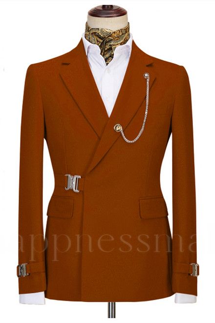Stylish Orange Two Pieces Notch Lapel Business Men Suits with Buckle