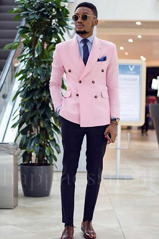 Chic Pink Double Breasted Peaked Lapel Best Fitted Bespoke Prom Suits | happnessmall