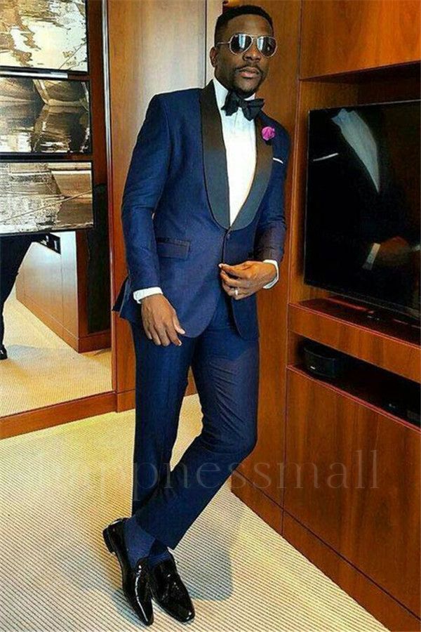 Advanced Navy Blue Fashion Customized Shawl Lapel Groom Wedding Suit