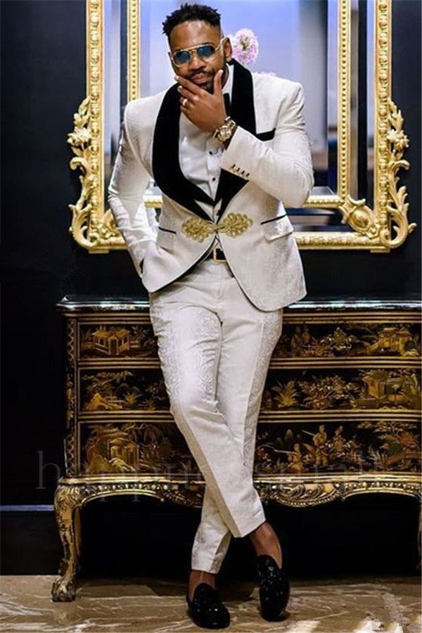 Hugo White Jacquard Three Piece Wedding Groom Men Suit With Knitted Button