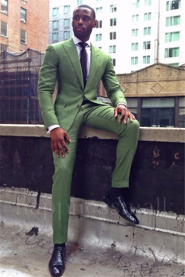 Demetrios Green Slim Fit Bespoke Peaked Lapel Two Pieces Prom Men Outfits
