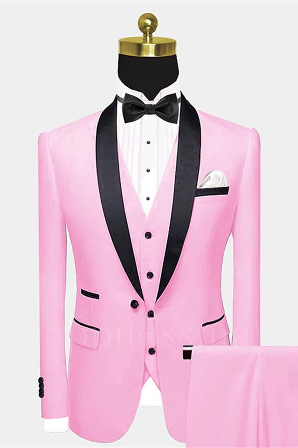 Unique pink one button groom's wedding | Black satin lapel shawl ball set
