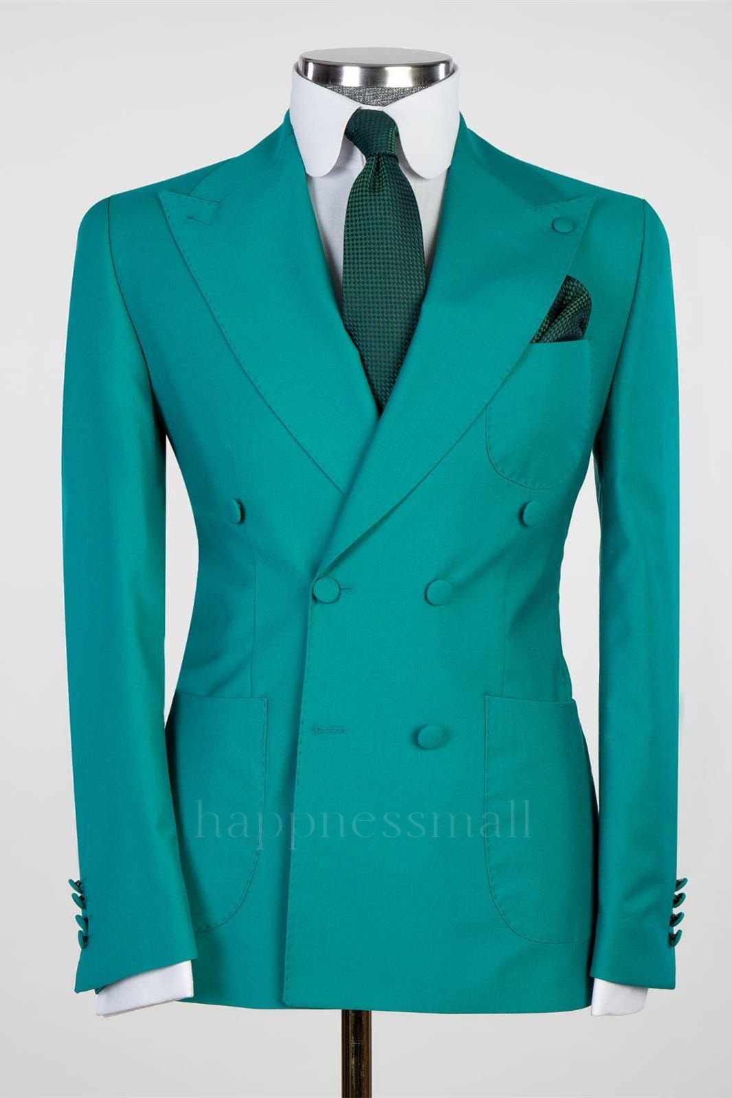 Happnessmall Chic Green Close Fitting Two Pieces Double Breasted Peaked Lapel Prom Suits