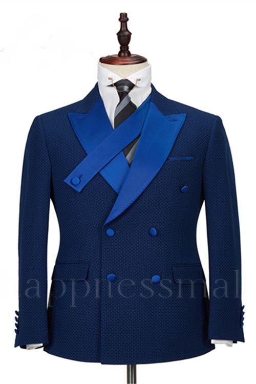 Happnessmall Navy Blue Plaid Peaked Lapel Double Breasted Formal Business Men Suits