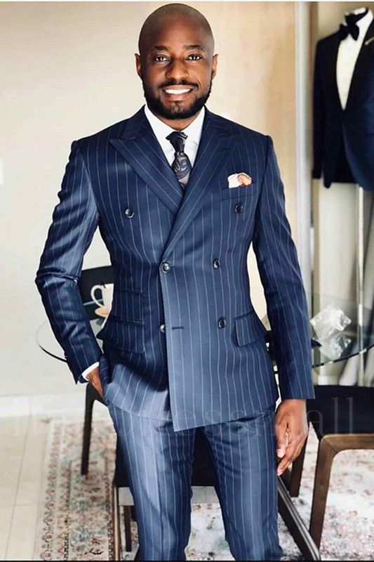 William Popular Navy Blue Striped Peaked Lapel Double Breasted Formal Men Suits
