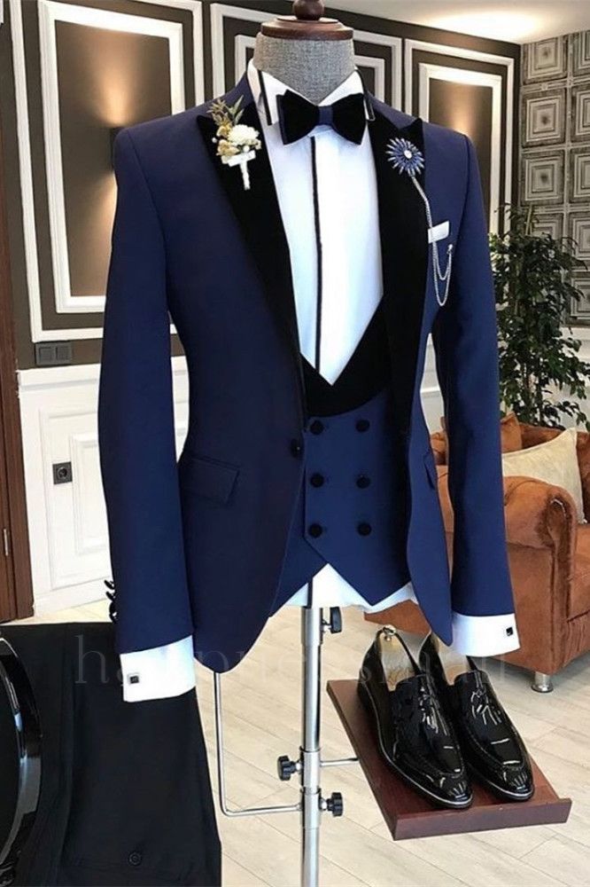 Solid color slim fit dark navy blue peaked lapel formal men's business suit