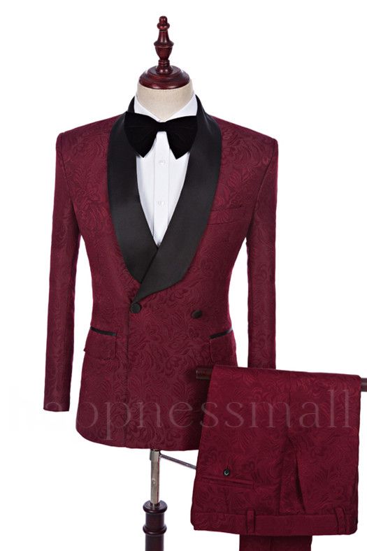 Burgundy Double Breasted Best Fitted Jacquard Wedding Suits | happnessmall