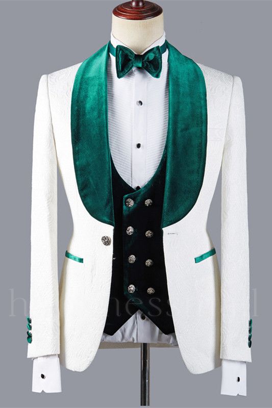 Prokopiou White Chic Jacquard Three Pieces Wedding Suit With Green Lapel