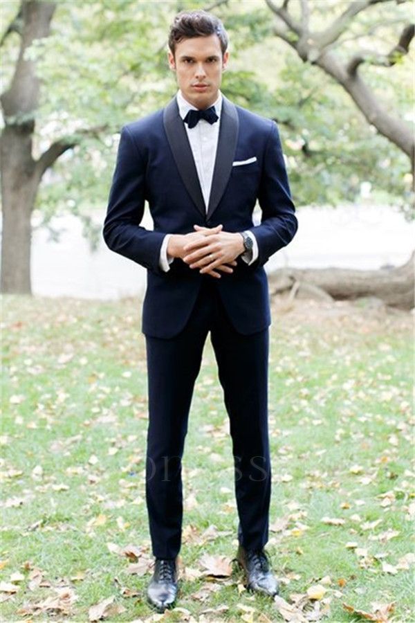 Dark blue silk shawl with a lapel collar for custom wedding tailcoat | Slim fit men's two-piece set