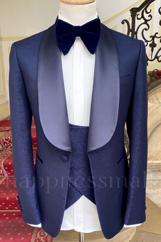 Fancy Navy Blue Jacquard Three Pieces Wedding Suits {{$GlobalData.Year}}