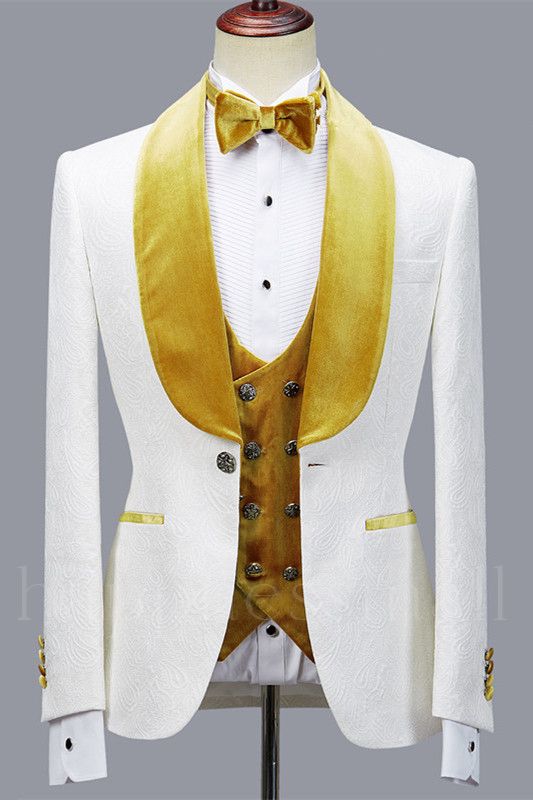 Prokopiou White Chic Jacquard Three Pieces Wedding Suit With Yellow Lapel