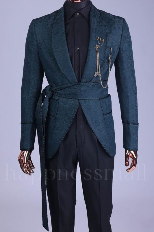Stylish Dark Turquoise Shawl Lapel Two Pieces Jacquard Wedding Suits