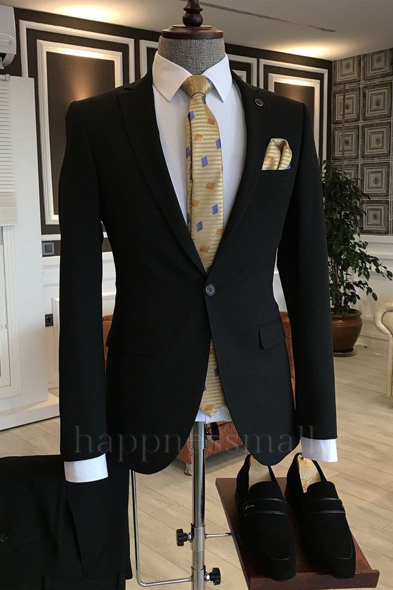 Ronin Simple Black One Button 2 Flaps Notched Lapel Business Men Suits