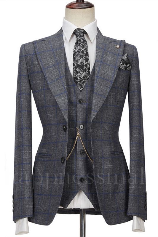 Happnessmall Gray Bespoke Notched Lapel Three Pieces Plaid Formal Suits