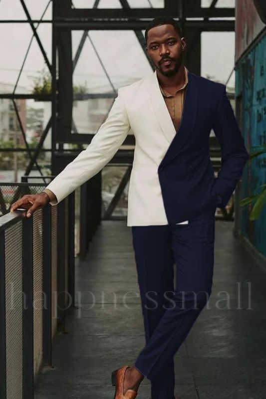 Elio Chic White And Navy Blue Slim fit One Button Lastest Prom Men Suits