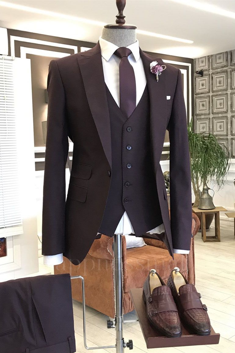 Classical Burgundy Peaked Lapel One Button 3 Flaps Business Men Suits