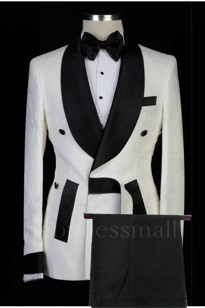 Theodorina Chic White Jacquard Shawl Lapel Fashion Men Suits for Wedding
