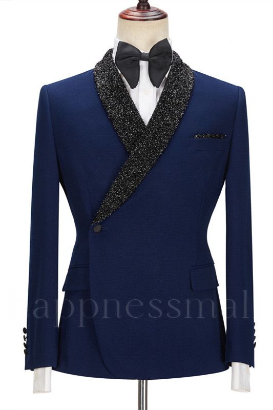 Fashion Dark Navy Bespoke Slim Fit Men Suits with Black Lapel With One Side Button